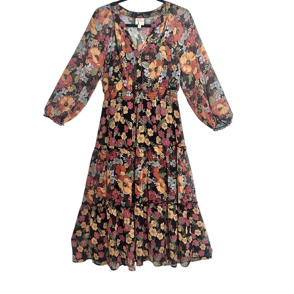 Figueroa & Flower Floral Maxi Dress Boho Tiered Semi Sheer Smocked Waist Medium